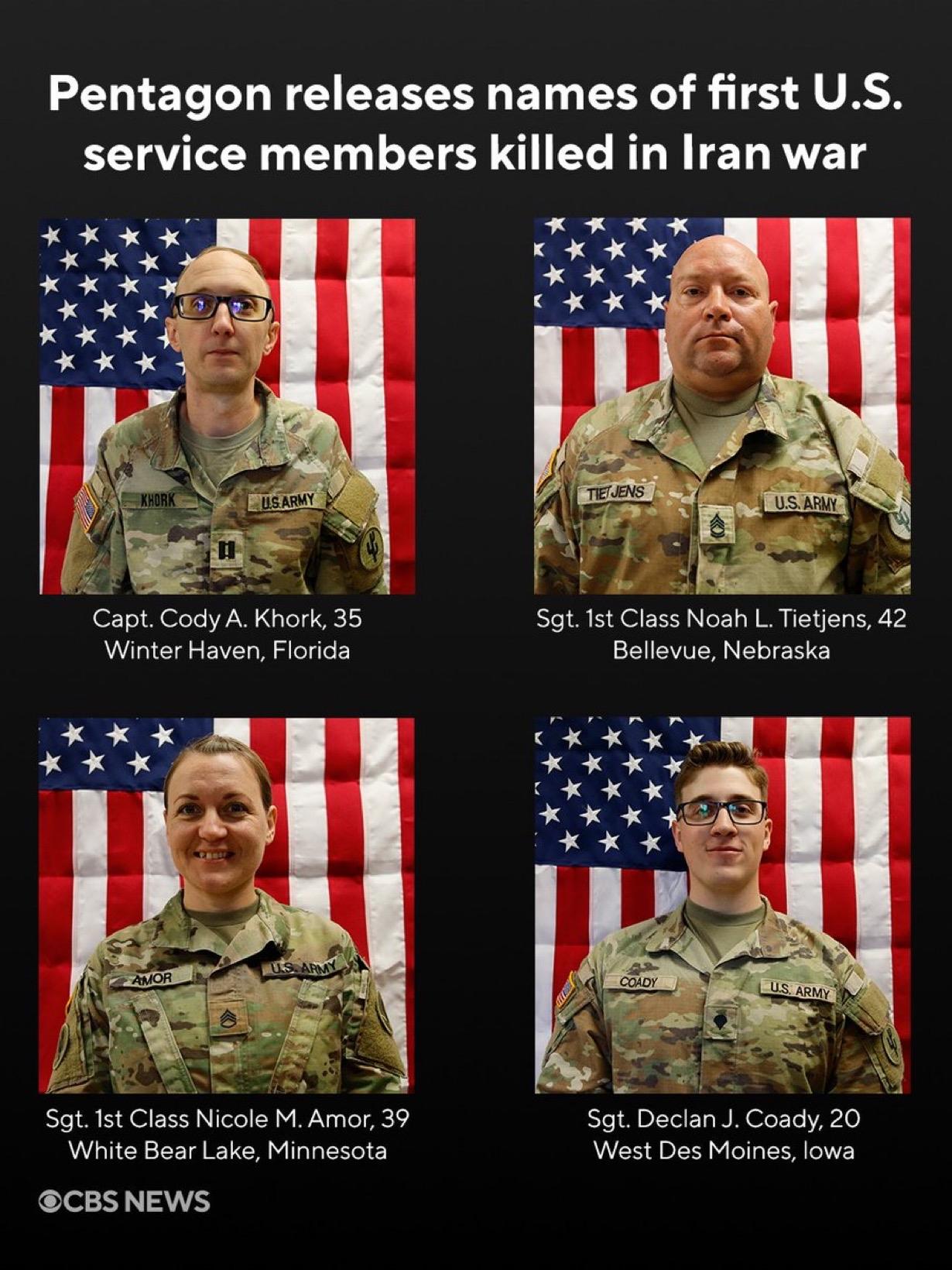 五角大楼公布了在持续的美伊战争中丧生的四名美国陆军预备役士兵的姓名。他们是伊朗袭