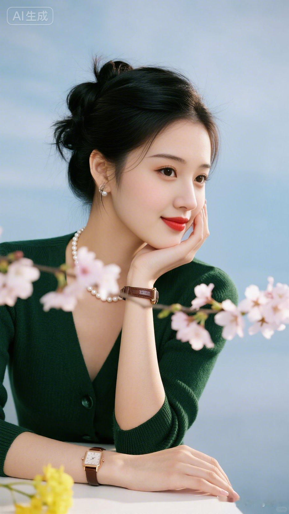优雅气质，绿衣红唇，精致妆容，时尚穿搭，气质女神！