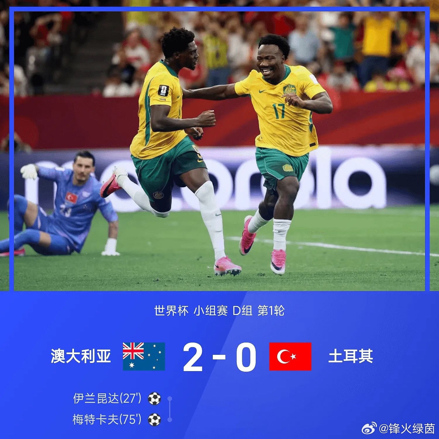 2026世界杯世界杯小组赛D组第1轮，澳大利亚2-0战胜土耳其。全场比赛，伊兰昆