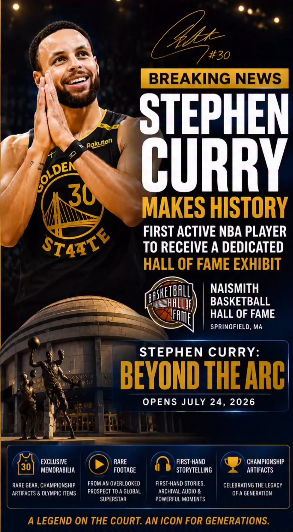 奈史密斯篮球名人堂75年来，库里是第一位仍在征战NBA、就能拥有独立专属特展的现