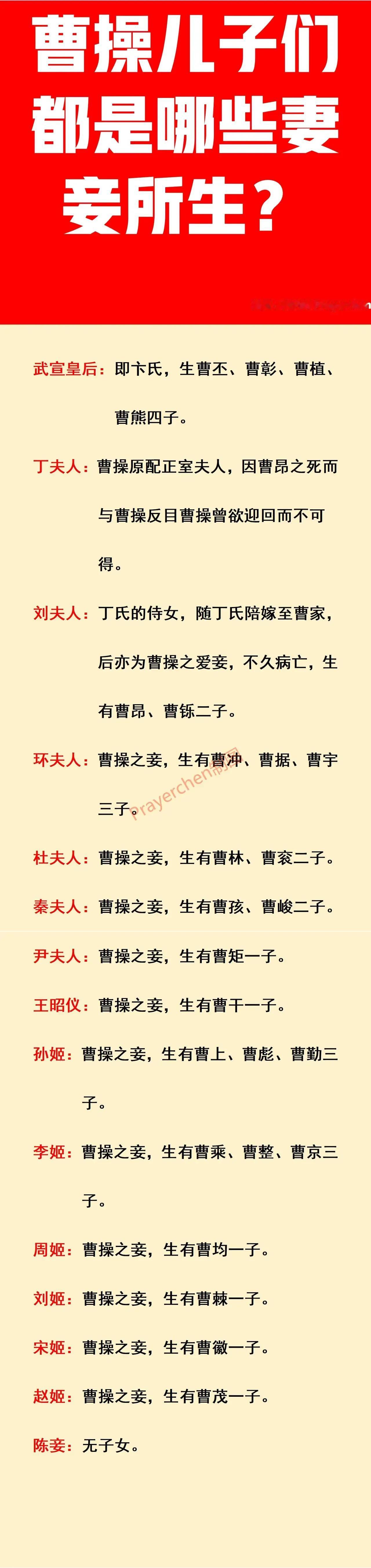 曹操：我有15位夫人；
曹操：我有25位儿子；
曹操：各儿子都是哪些妻妾所生？
