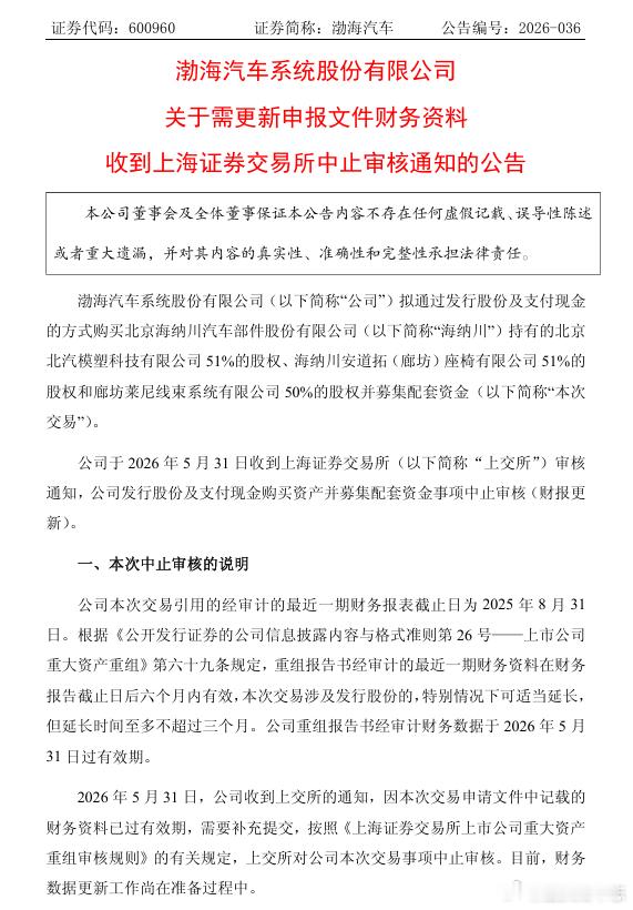 汽车 【渤海汽车 ：因财报过期 发行股份购买资产事项中止审核】渤海汽车公告称，公