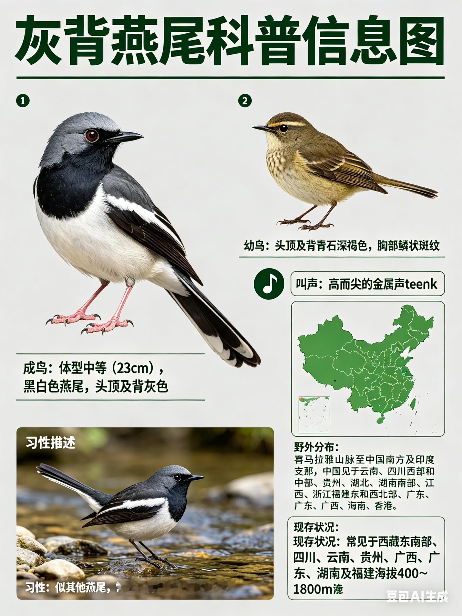 鸟类朋友图鉴 灰背燕尾·科属：雀形目，鸫科。·外形特征：体型中等（23cm）的黑