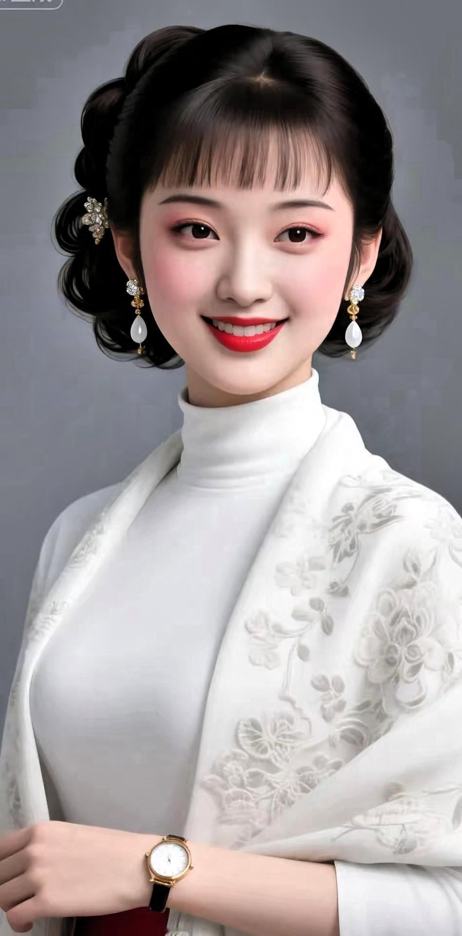 优雅复古风，红唇白衣，复古耳环，气质满分！