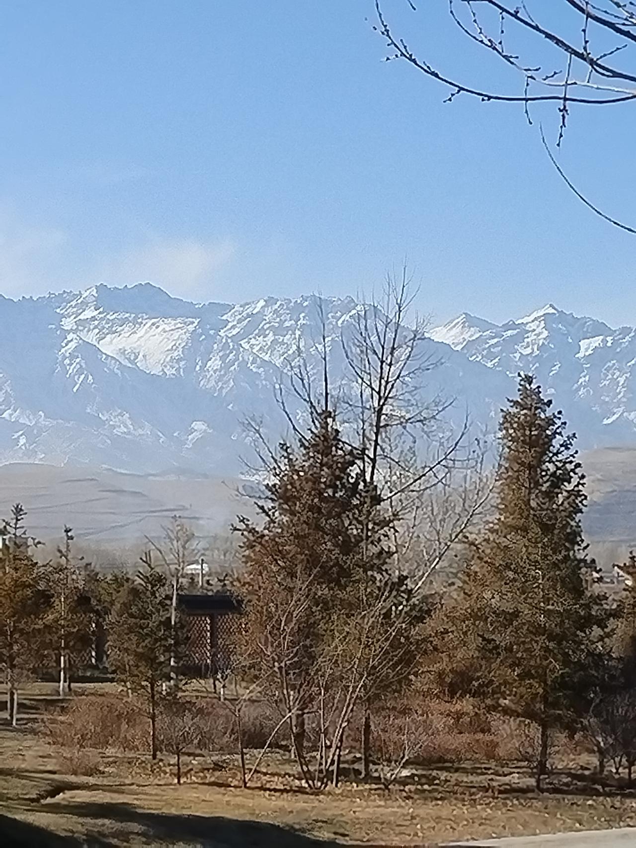 清晨的祁连山脉异常巍峨，山的脉络清晰可见，洁白的积雪分外耀眼。

放眼远视，山脉
