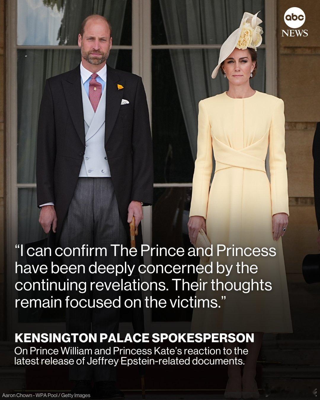 英国威廉王子和凯瑟琳王妃在周一发布的一份声明中表达了对爱泼斯坦 案件受害者的关切