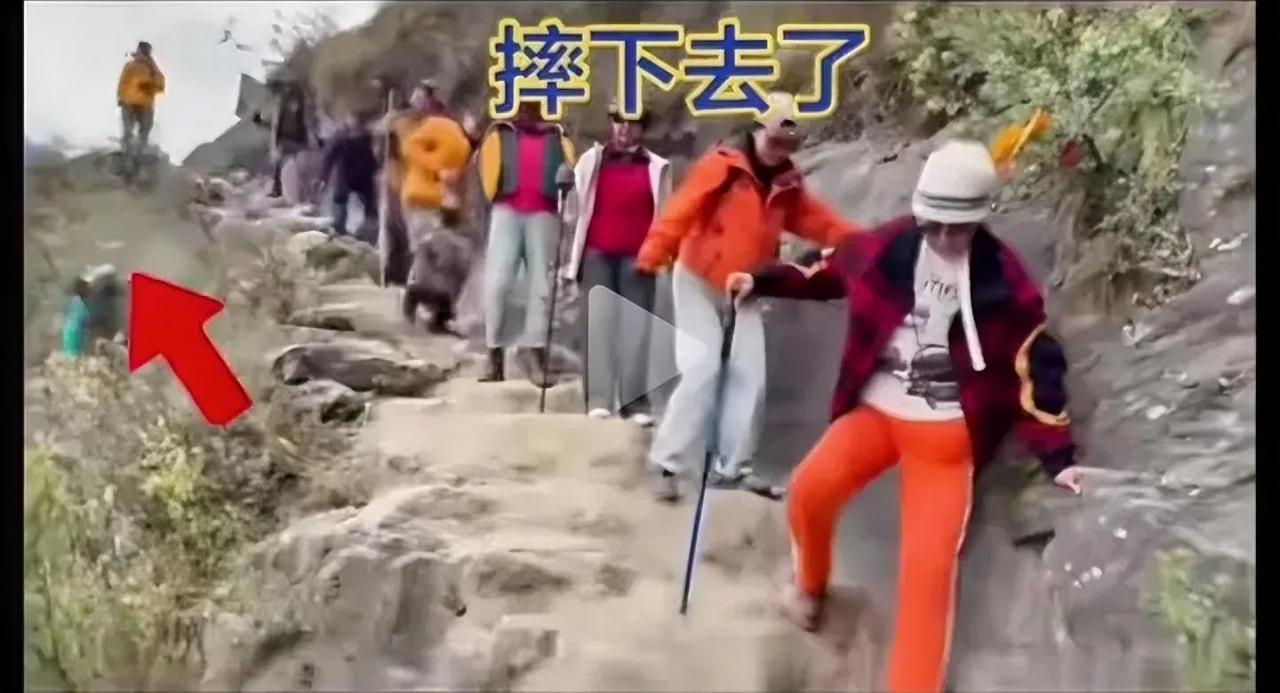 老登这个词，就是指那些年纪大了，还倔强的去登山的人吗？这不，脚下不稳，一不小心滑