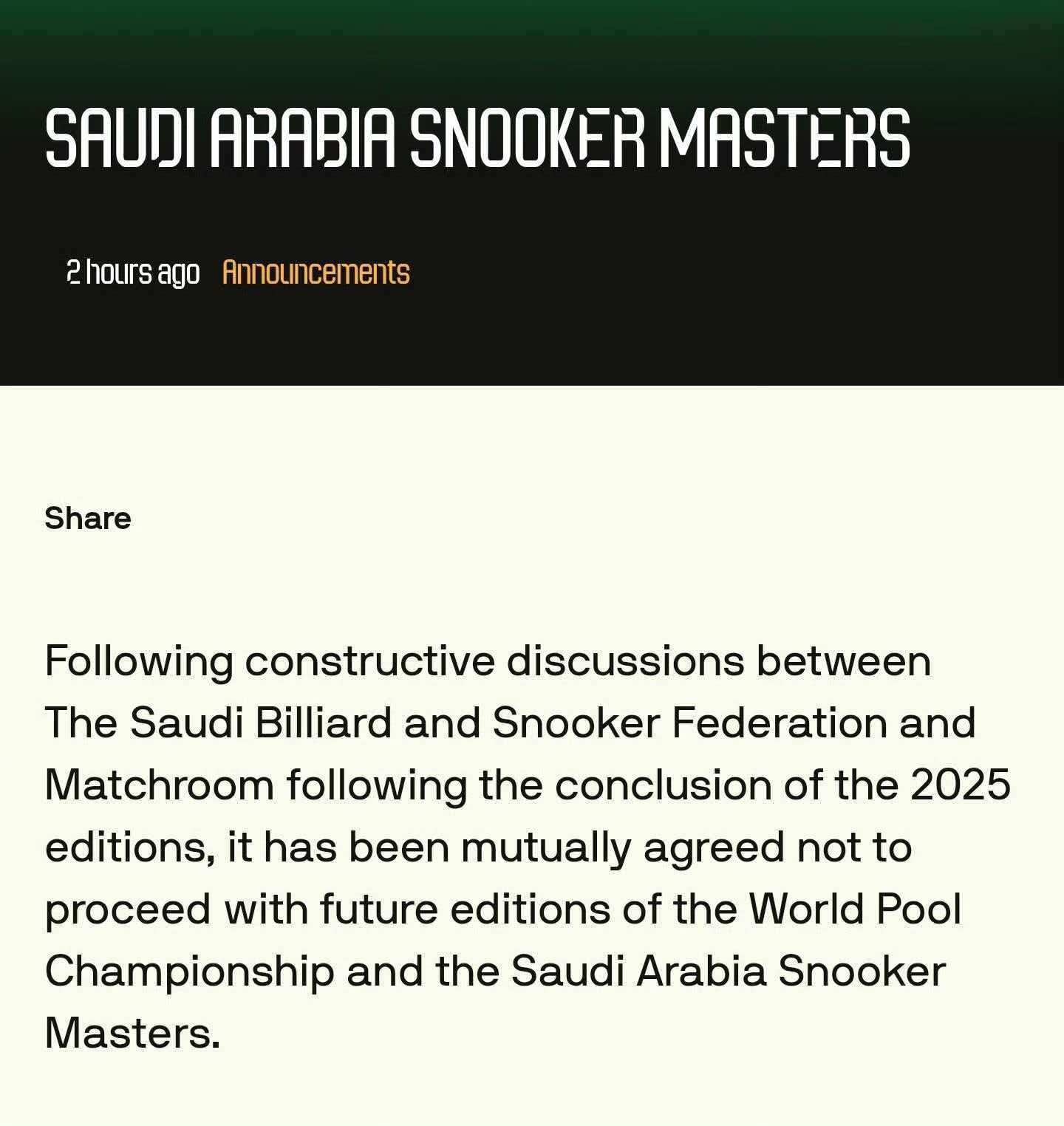 斯诺克宣布不再举办沙特大师赛世界斯诺克巡回赛（WST）与沙特台球联合会于2026