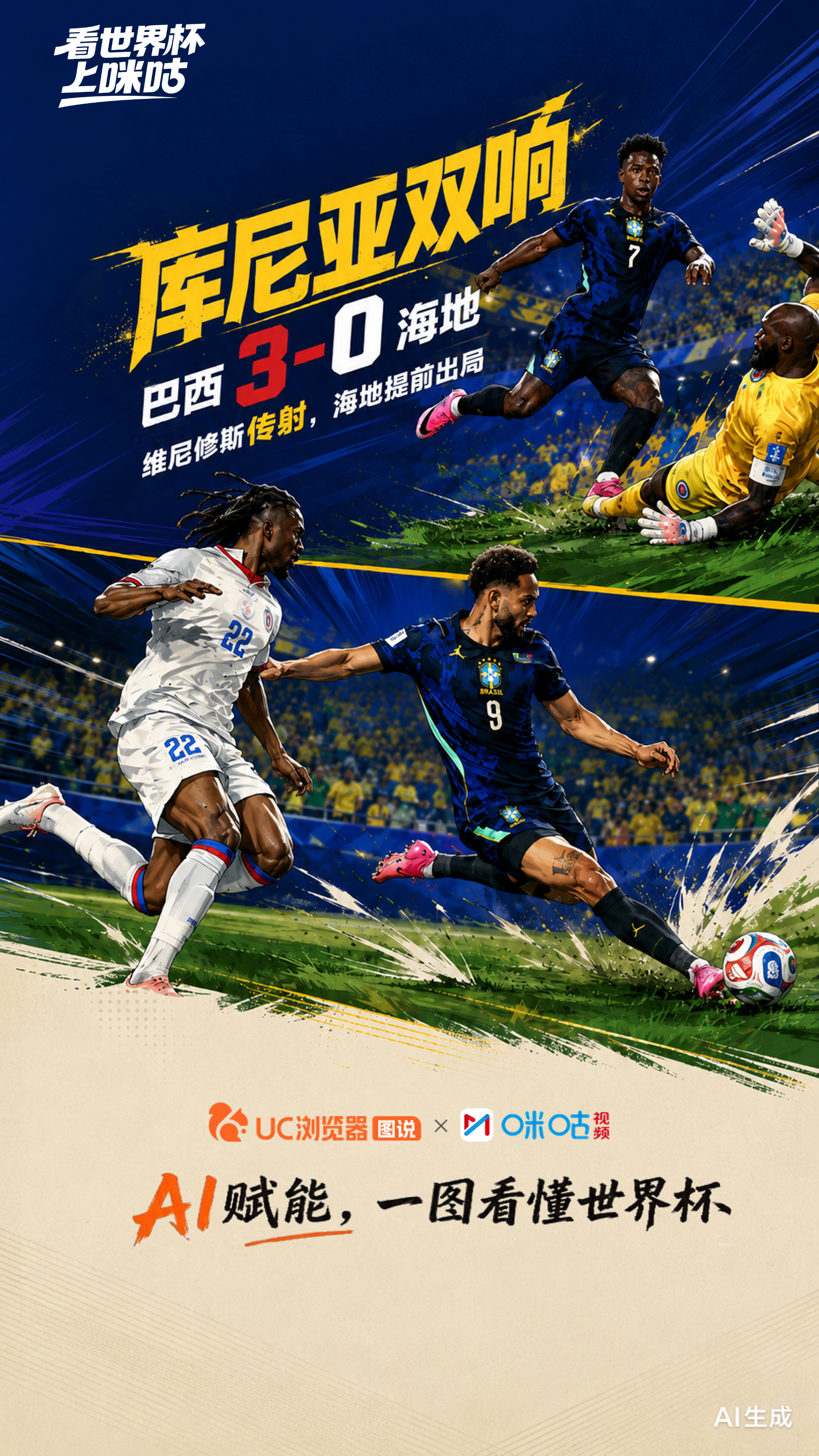 #巴西3比0海地#威尼修斯传射、库尼亚双响，海地2连败提前出局！咪咕与UC浏览器