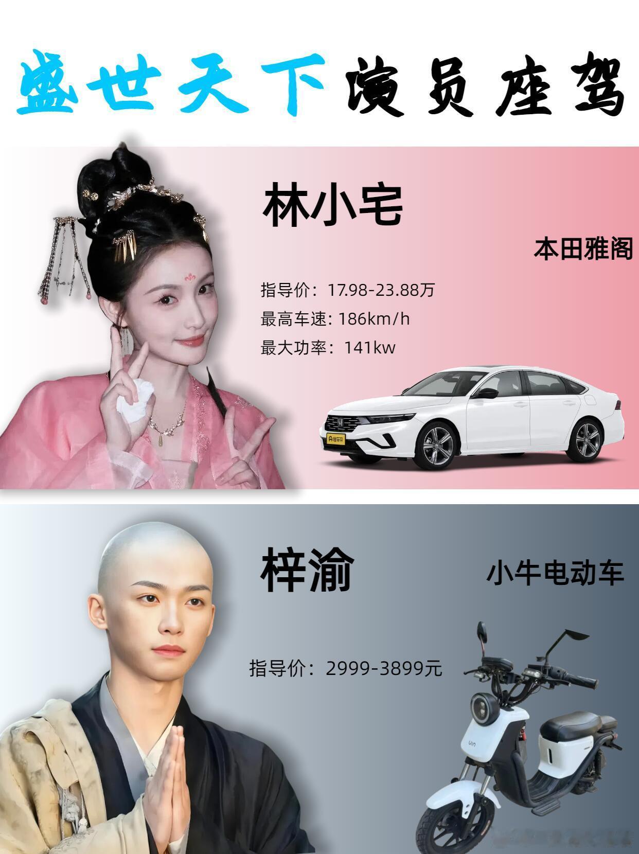 盛世天下演员座驾林小宅开本田雅阁，梓渝骑小牛电动车 ​​​