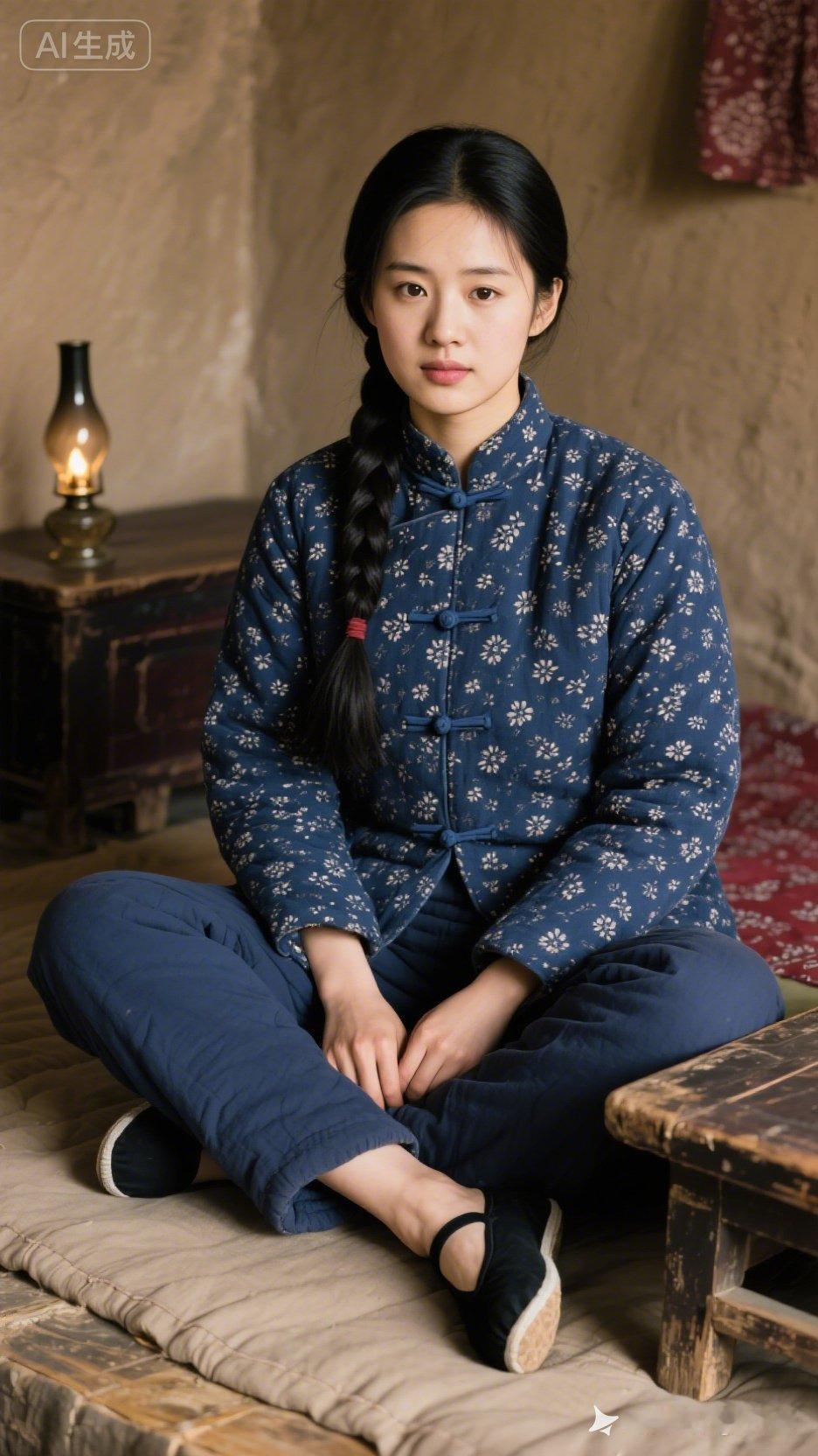 穿越时空的蓝衣少女，静坐古风房间，感受时光的静谧。