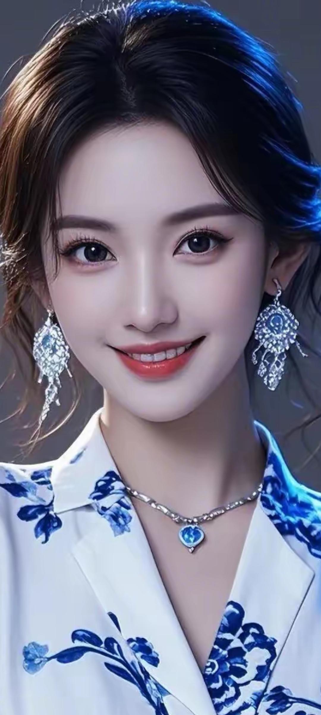 优雅蓝花白衬衫，甜美笑容，闪耀耳环，气质满分！🌸✨