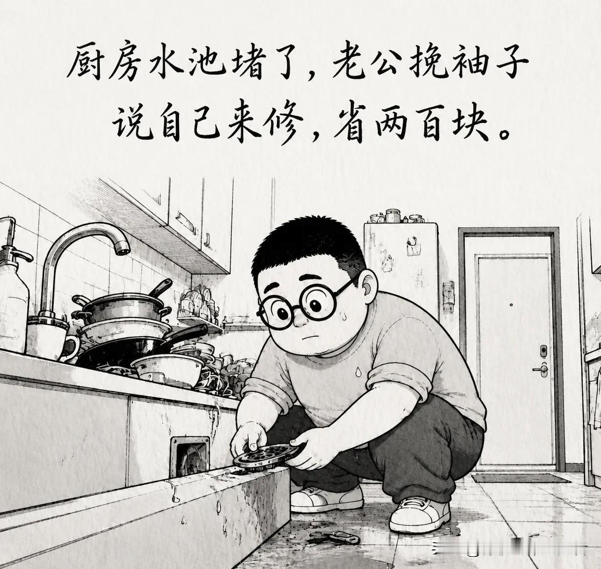 趣味漫画分享：厨房水池堵了，老公挽袖子说自己来修，省两百块。老婆在客厅刷手机，听