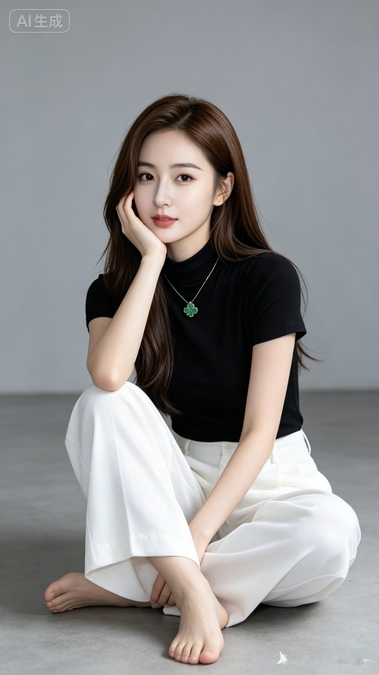 年轻女子棕褐长发柔顺，银链缀绿四叶草坠饰，黑半高领短袖搭配白阔腿裤，赤脚盘腿坐灰