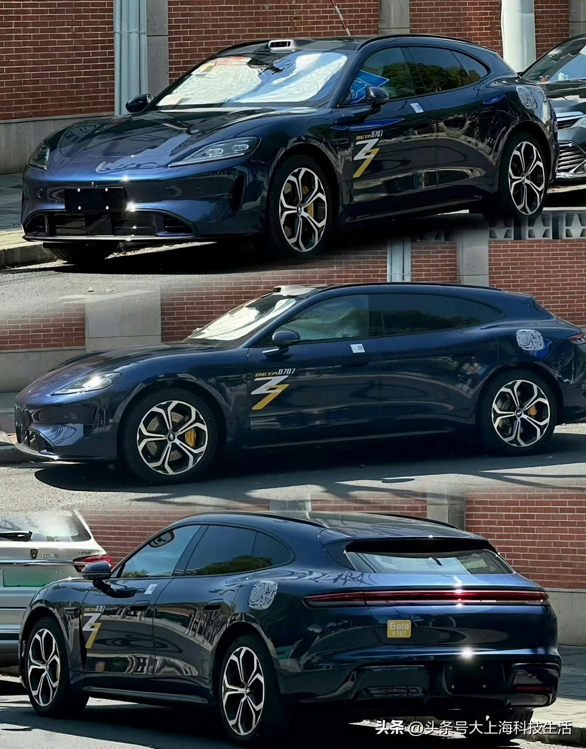 有网友拍到尚界Z7T无伪装实车了，车漆看起来有点像蓝色，用的是马牌轮胎，20英寸