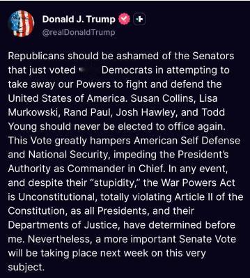 美国参议院通过决议 禁止特朗普未经授权对委采取更多军事行动 共和党五名参议员与民
