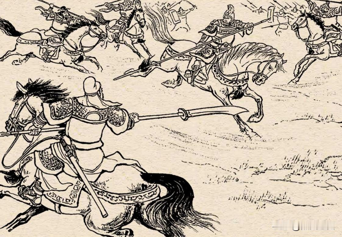 尽管汹涌的敌军从四面八方涌来，甚至有四员猛将也包围上来，此人依然能够比较从容地应