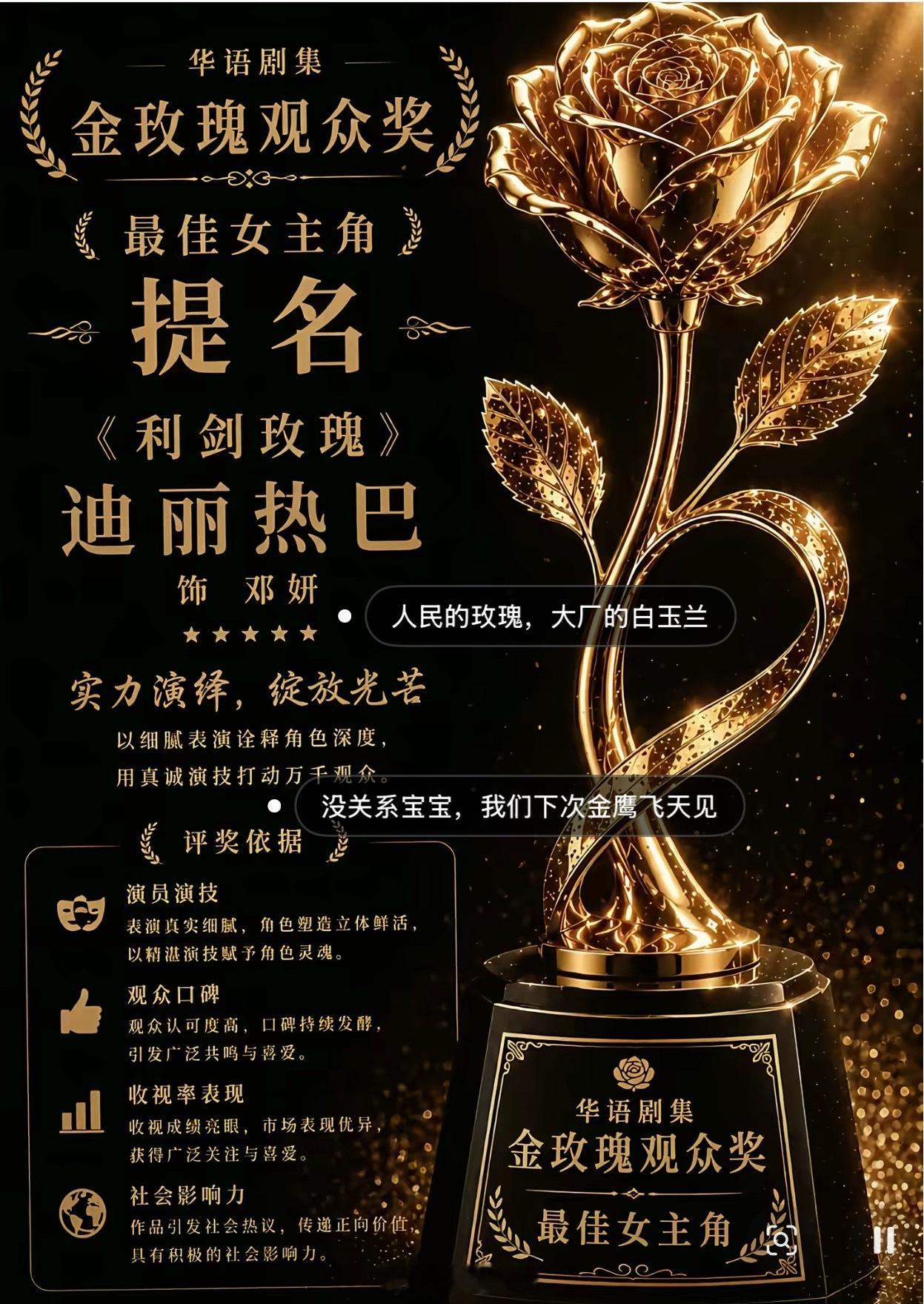 粉丝给迪丽热巴颁奖了，自制华语剧集金玫瑰观众奖最佳女主角 