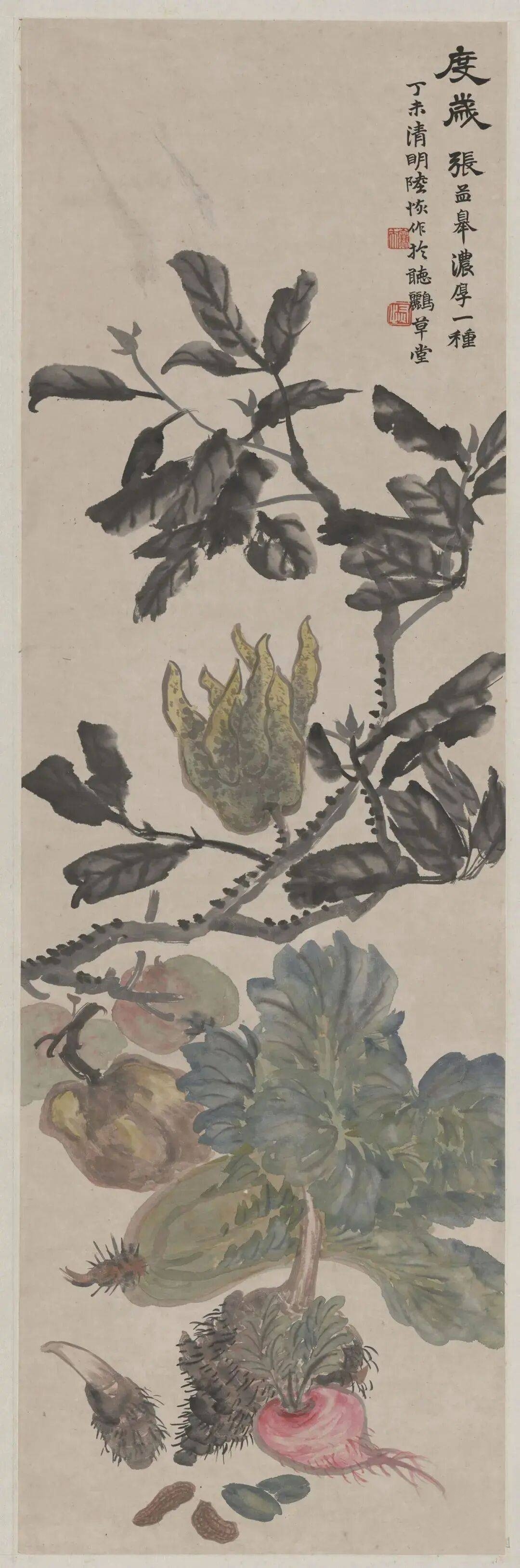 陆恢《度岁图》纸本 立轴 设色 105x31.5厘米。款识：度岁，张孟皋浓厚一种