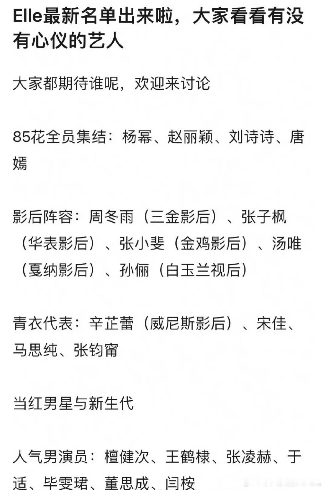 Elle最新名单出来啦，大家看看有没有心仪的艺人 ​​​