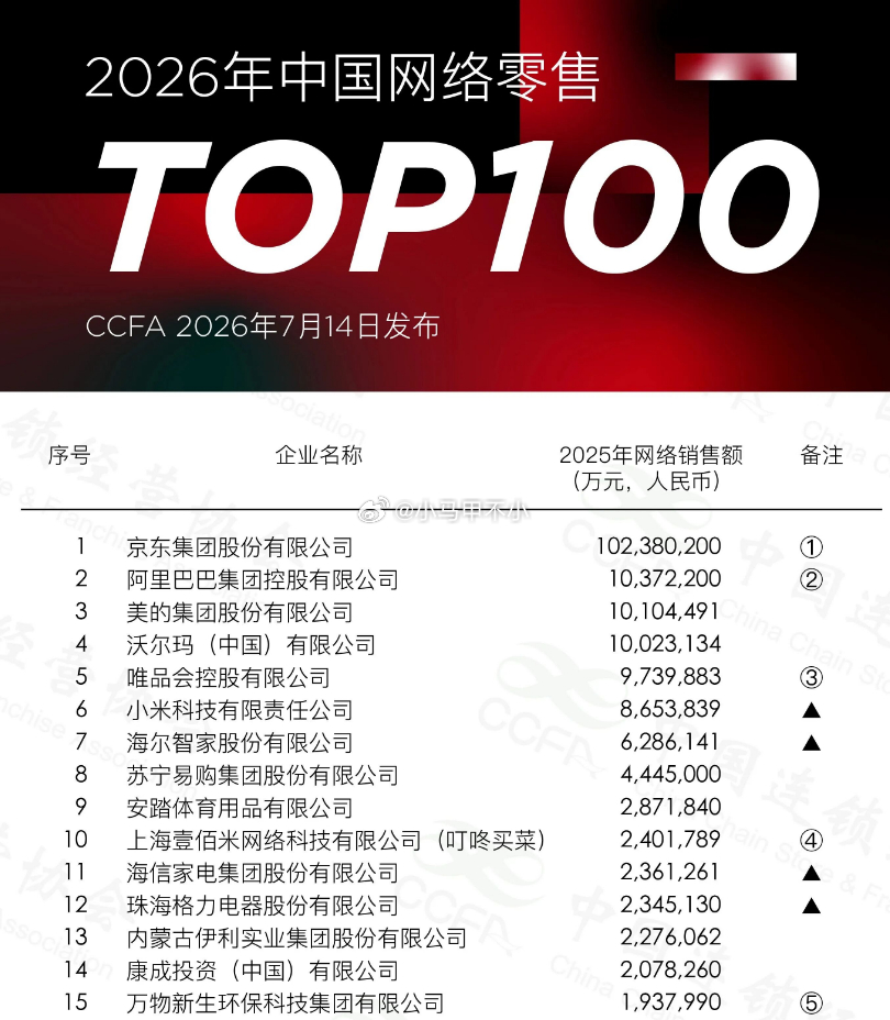 小米网络零售额865亿，排名第六。线上渠道自营商品的销售额(含企业在第三方平台上