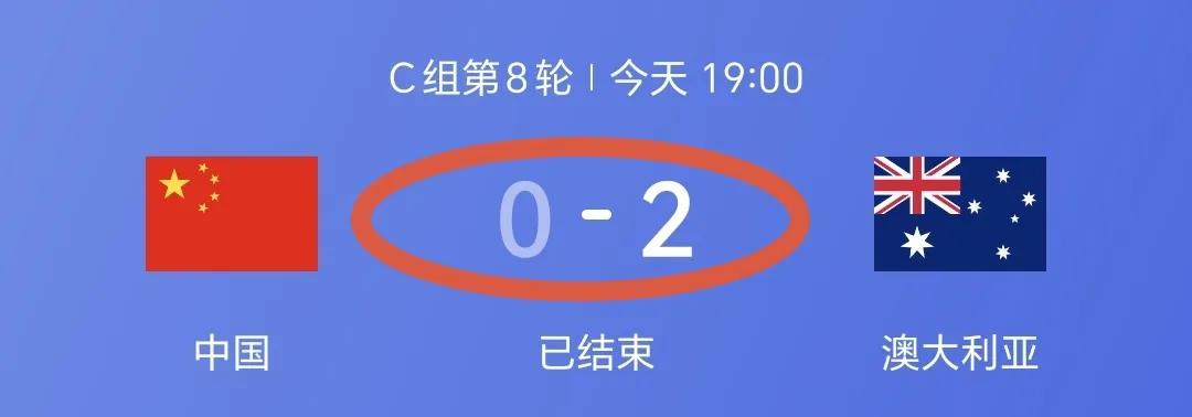 世界杯，再见！
今晚，主场作战的国足0:2澳大利亚，意料之中的失利。
8轮比赛，