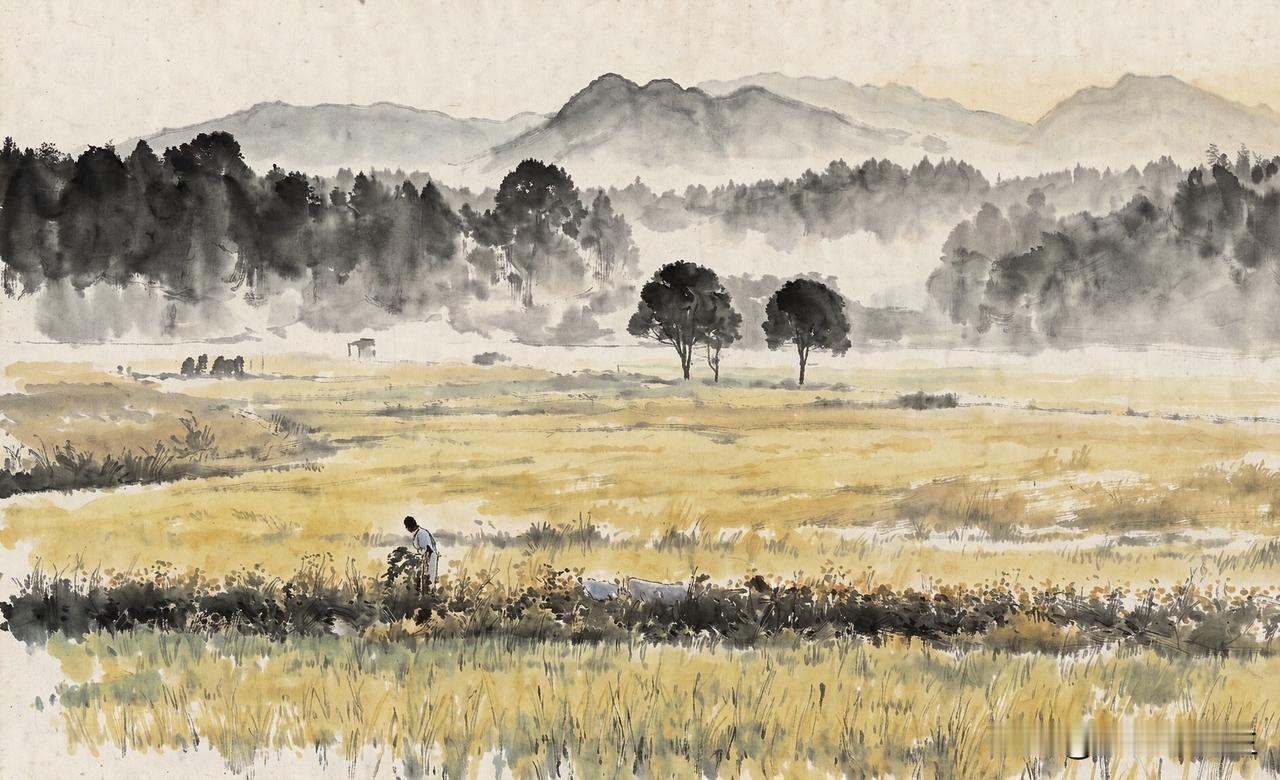薄雾漫过远山，遍野稻浪泛黄，画里藏着旧日田园的悠然。（摩力卡油画）

原创作品.
