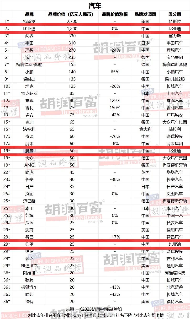 在2025年最新发布的《胡润汽车品牌榜》中，首次国产品牌纳入评选范围，仅统计面向