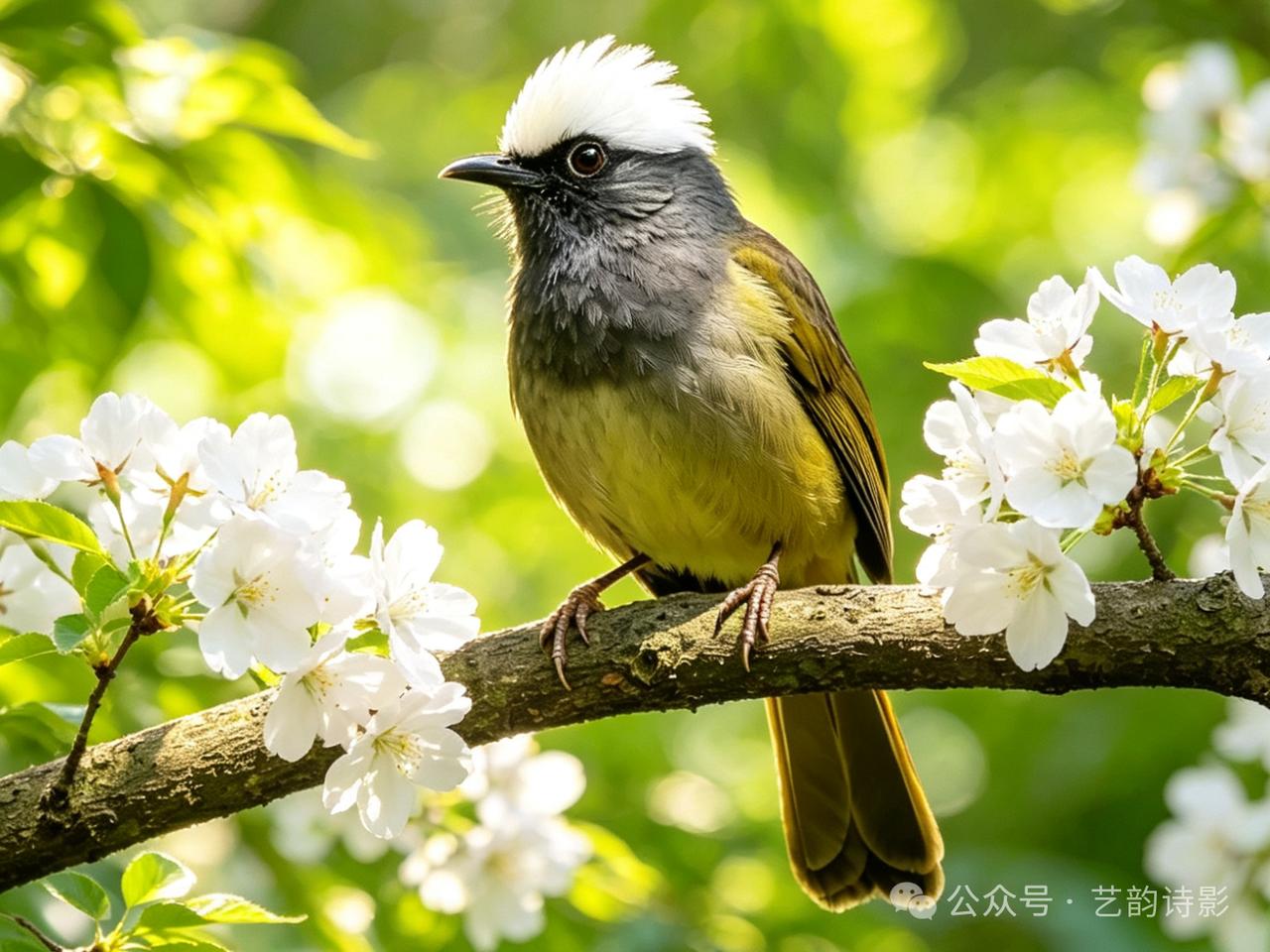 每天一鸟今天分享白冠噪鹛
白冠噪鹛这名字自带仙气！它的白色羽冠像戴了顶小皇冠，黑