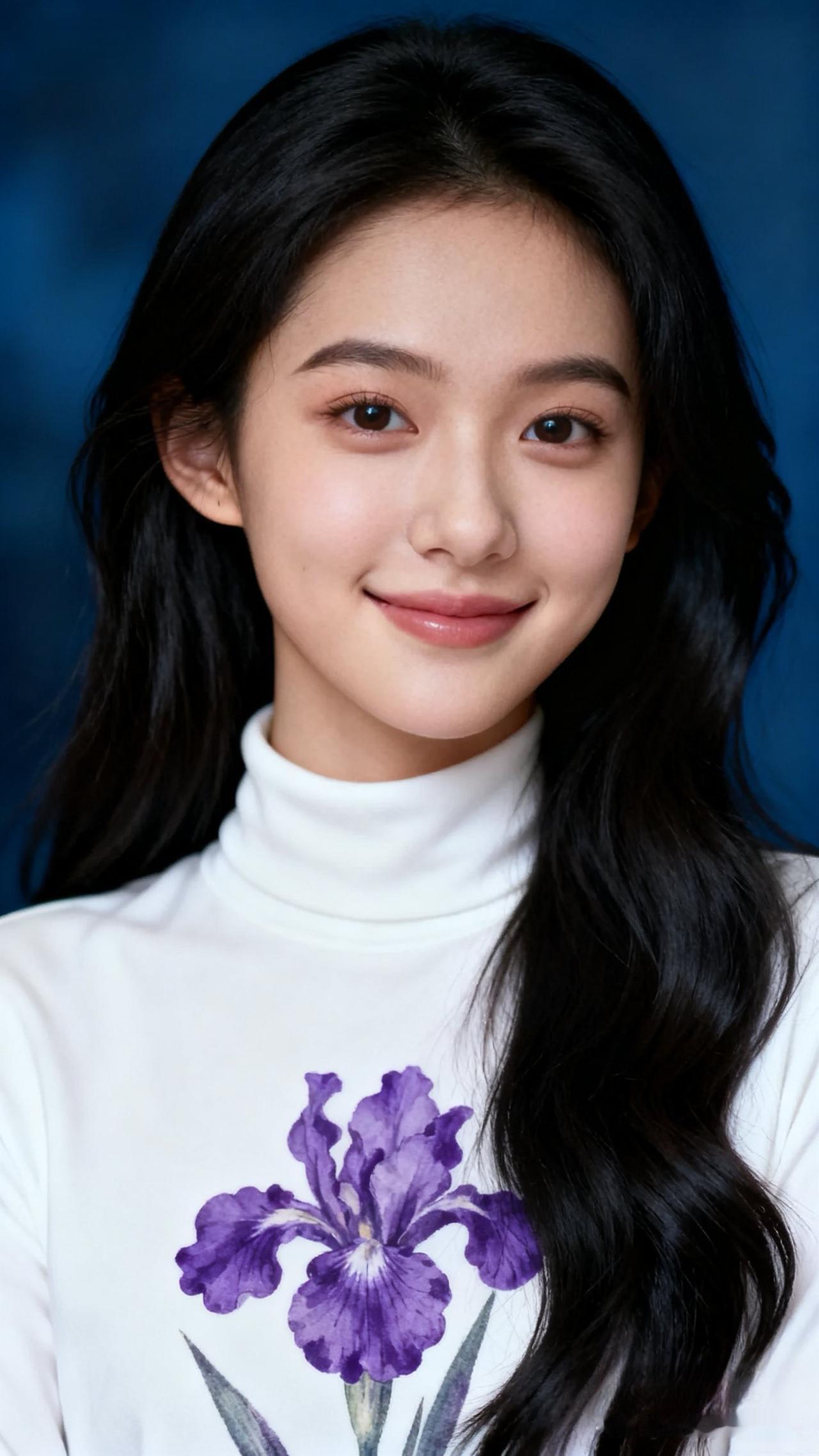 温柔甜美的少女，紫色花朵点缀的白色毛衣，微笑中散发着温暖。温柔粉色毛衣 淡淡的粉