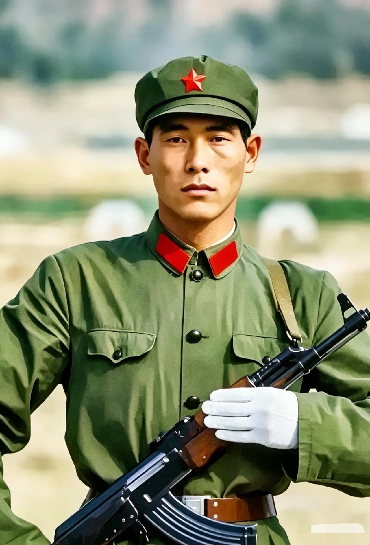 70年代，一名解放军战士的威武英姿。照片中，这名战士身穿军装，手中紧握钢枪，英姿