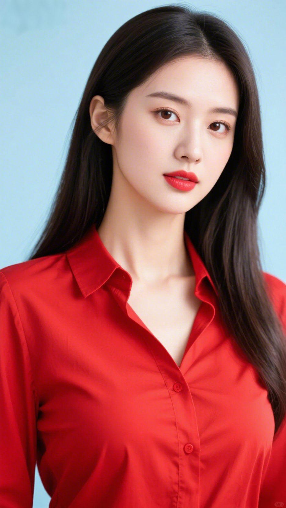 红衫栖浅光
 
淡蓝背景中，这抹正红裹着浅光轻落。
 
衬衫领角舒展，布面浸着柔