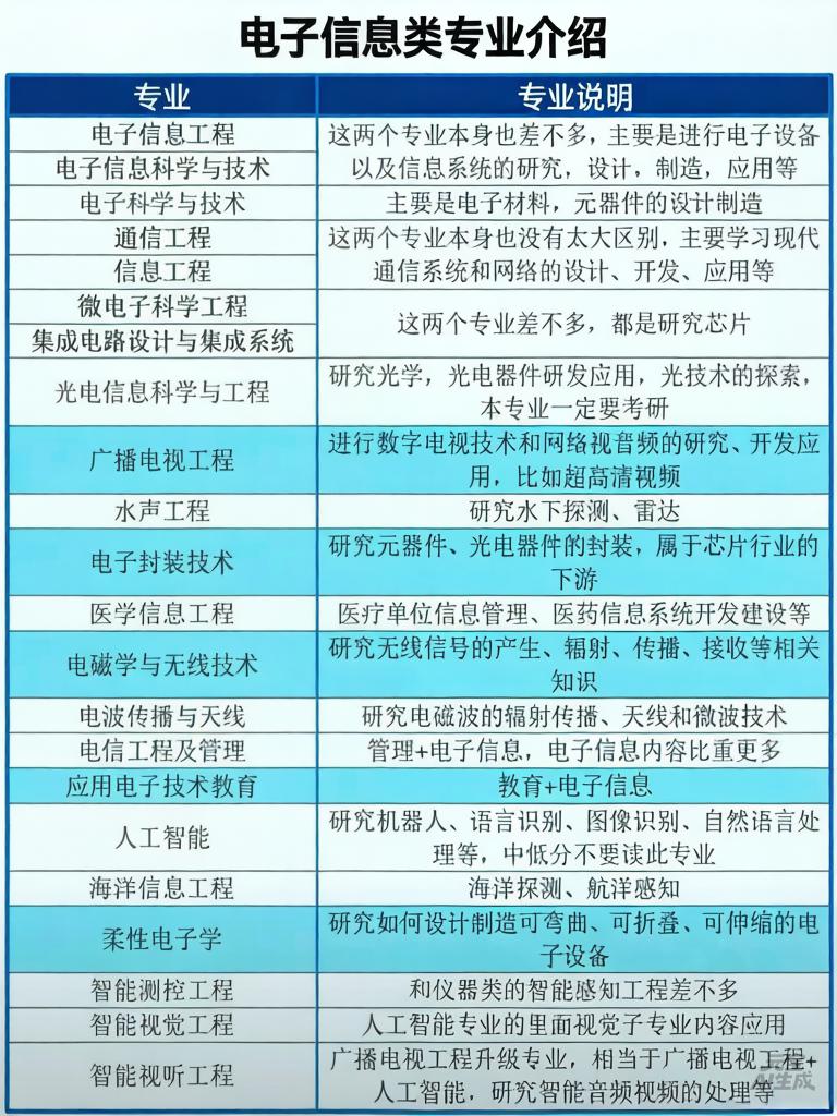 一张表快速了解电子信息类专业