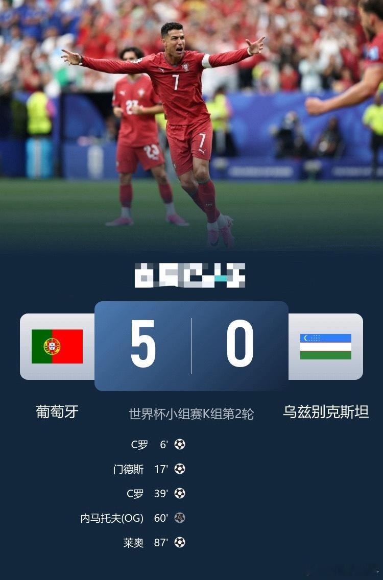 C罗双响创纪录！葡萄牙5-0乌兹别克斯坦升榜首门德斯任意球建功足球世界杯   6