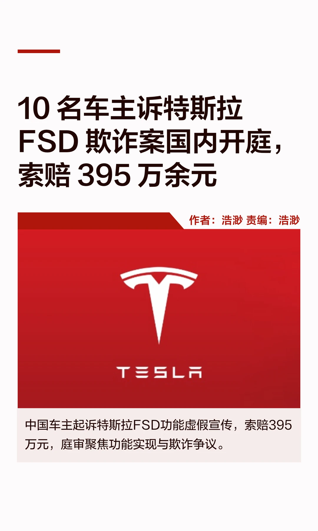 索赔395万余元，10名车主诉特斯拉FSD案开庭