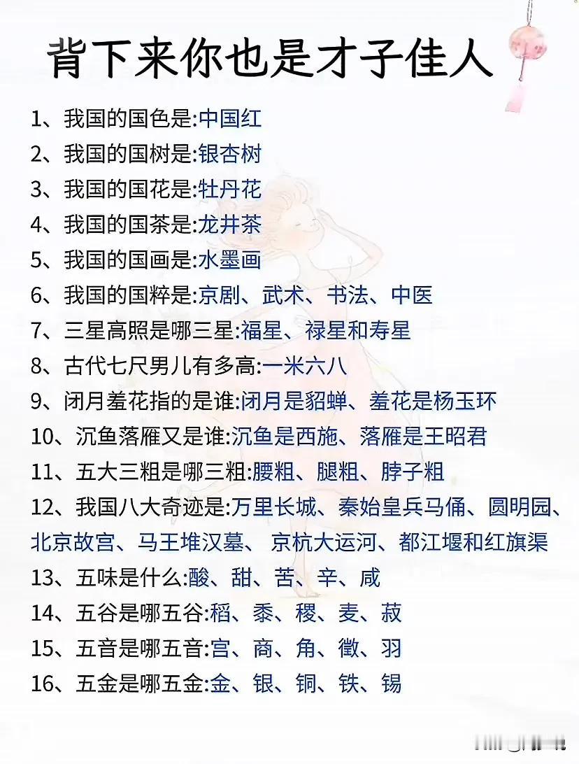 20个日常常考的知识，背下来你也是才子佳人，考试更不会吃亏。
1、我国的国色是：