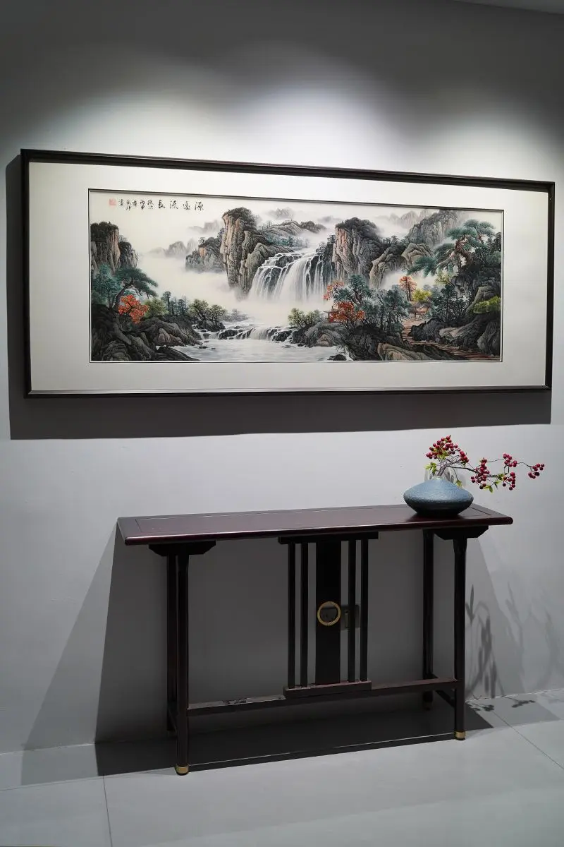 古风水墨苏绣横卷，苍松飞瀑藏基业绵长 长卷铺山河，奇峰吞云，飞瀑鸣涧...