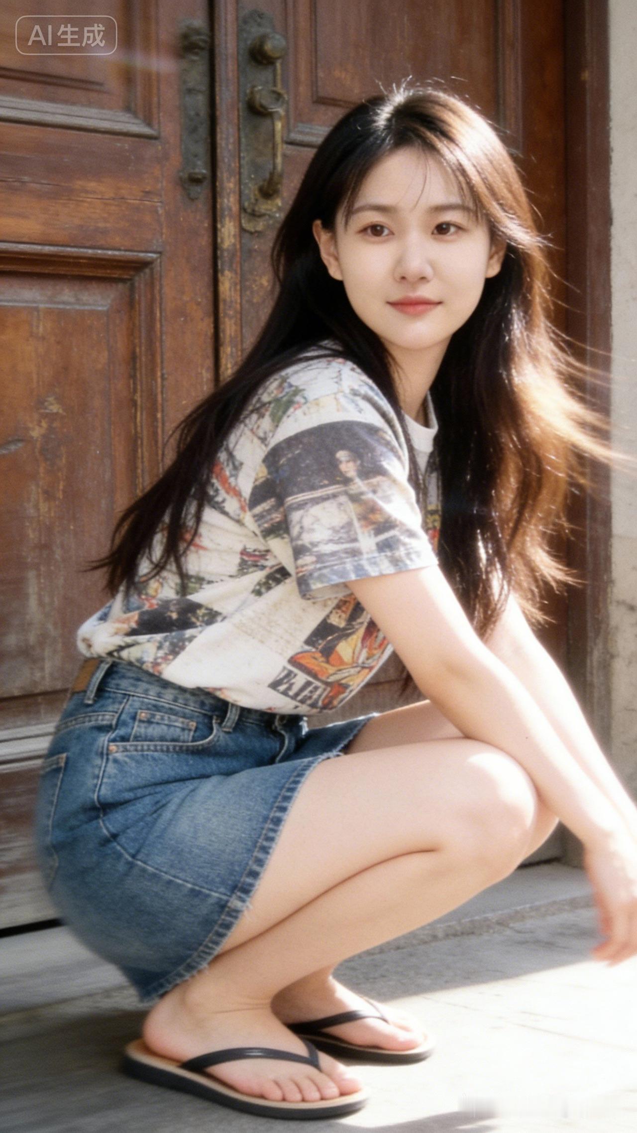 阳光下的少女，复古木门前的清新穿搭！