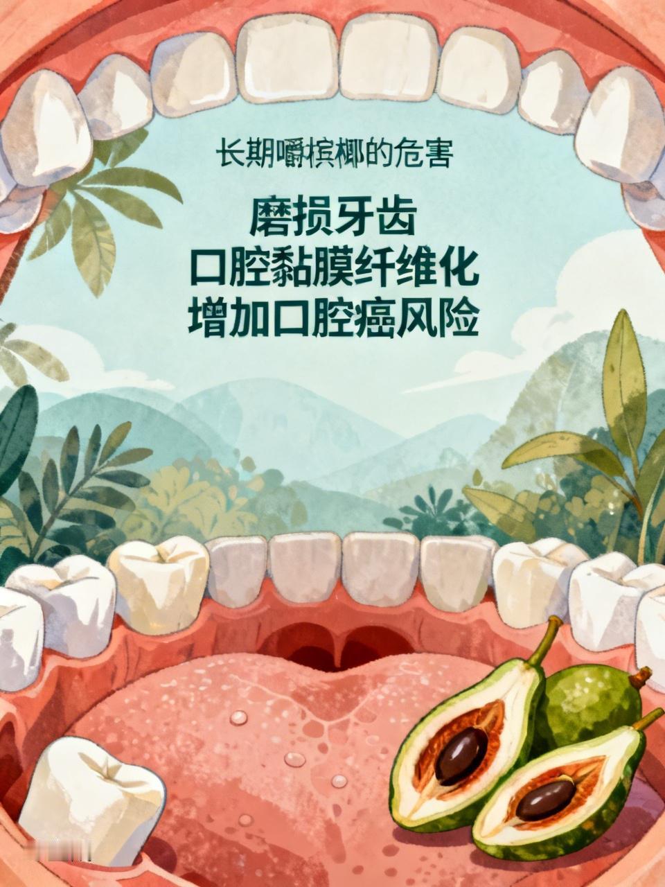 长期嚼槟榔危害可太大了！槟榔纤维粗硬，长期咀嚼会磨损牙齿，导致牙齿变黑、磨损，严