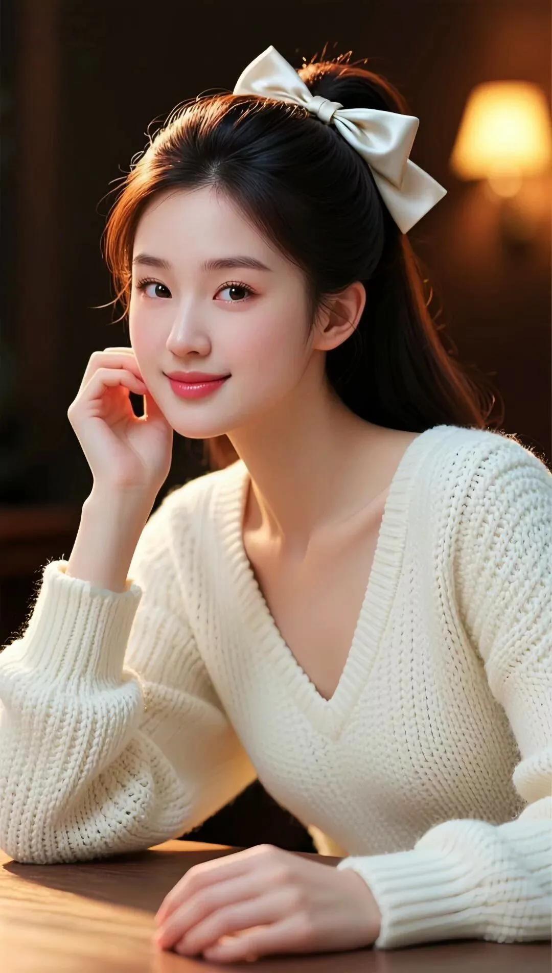 温柔甜美的少女，白色毛衣搭配蝴蝶结发饰，散发着冬日暖阳的气息。