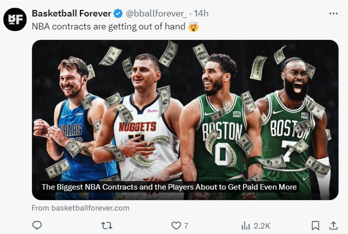 
美媒BF认为NBA已经迎来大合同满天飞的时代，布朗三年3.03亿只是一个开始！