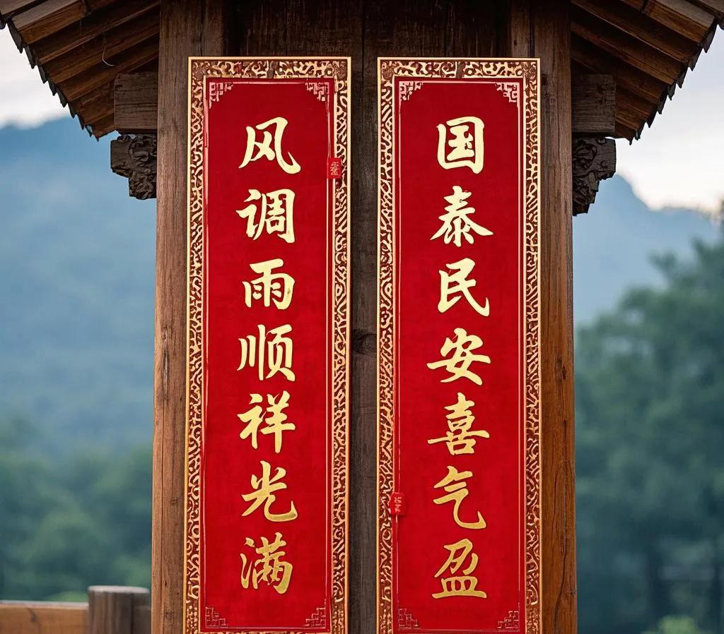 下联：国泰民安喜气盈
 
解析：“风调雨顺”是自然环境的良好状态，意味着气候适宜