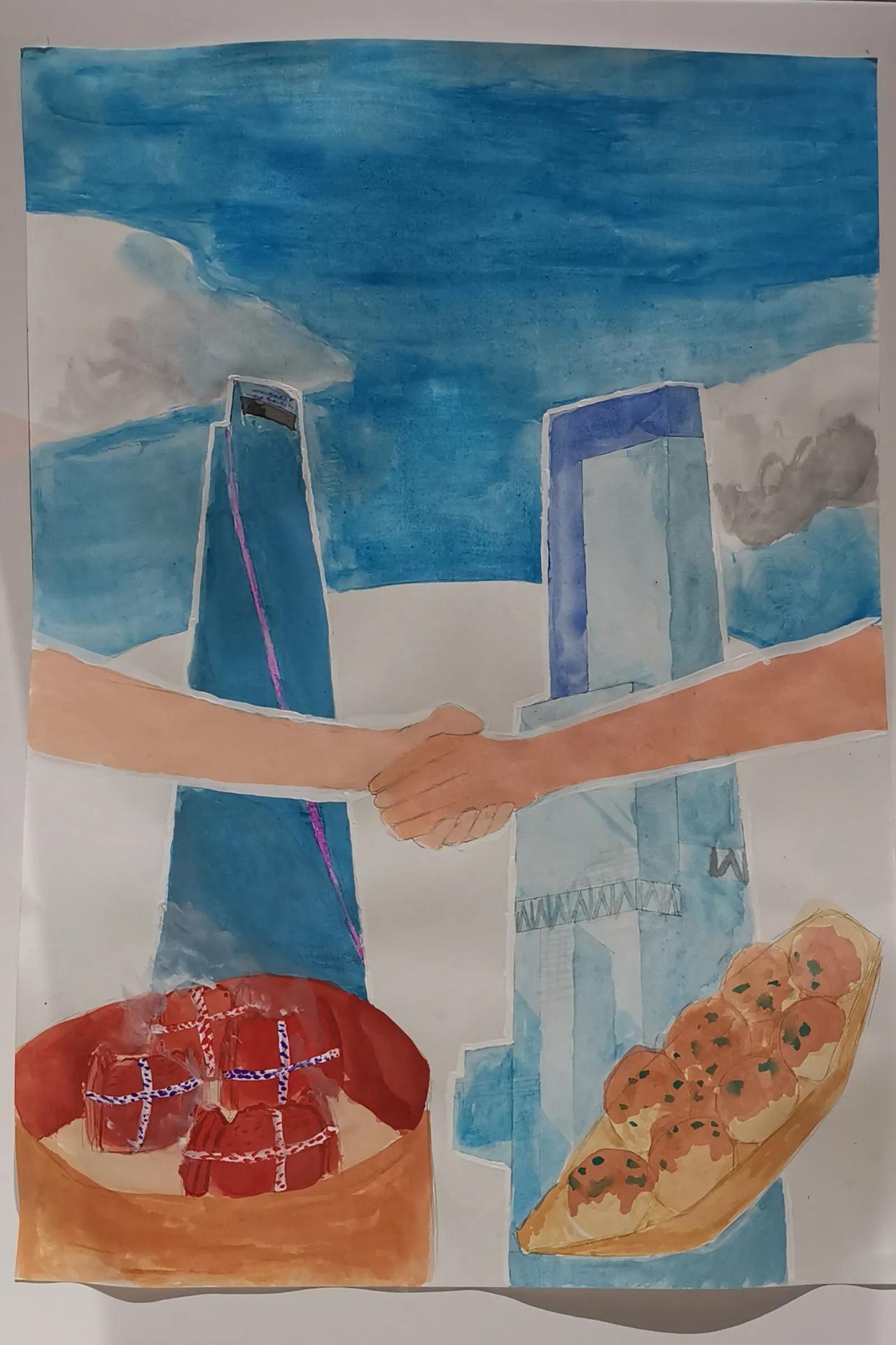 这是日本小朋友的绘画作品《日本与上海的交流》，上海的特色美食一看就知道是大闸蟹，