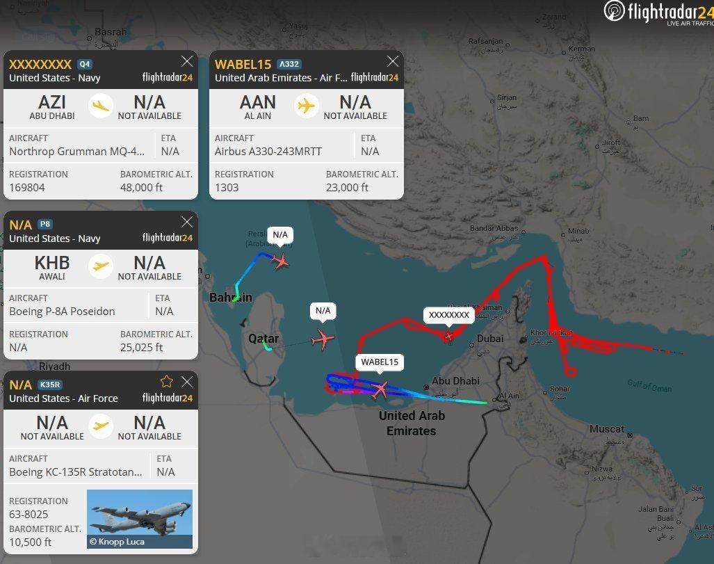 几小时前：美国海军 P-8A“波塞冬”巡逻机一架 MQ-4C 无人机一架美国空军