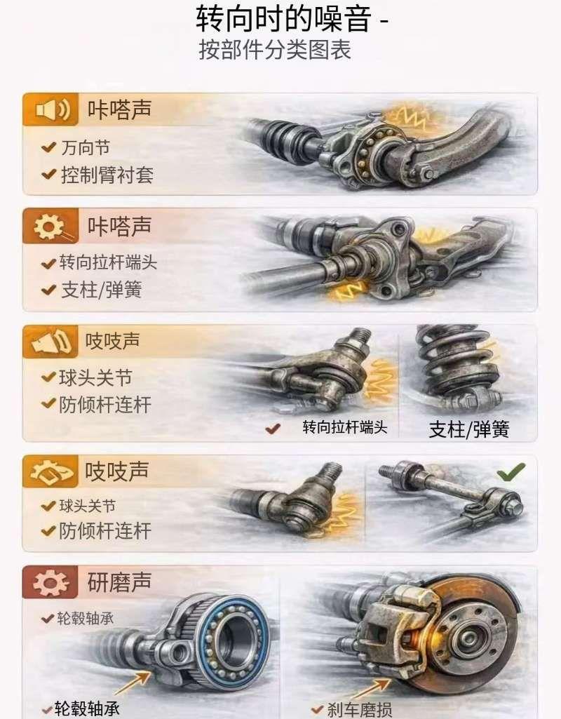 转向时异响对照表。转向时异响对照表
 
你有没有好奇过，开车时听到的那些莫名异响