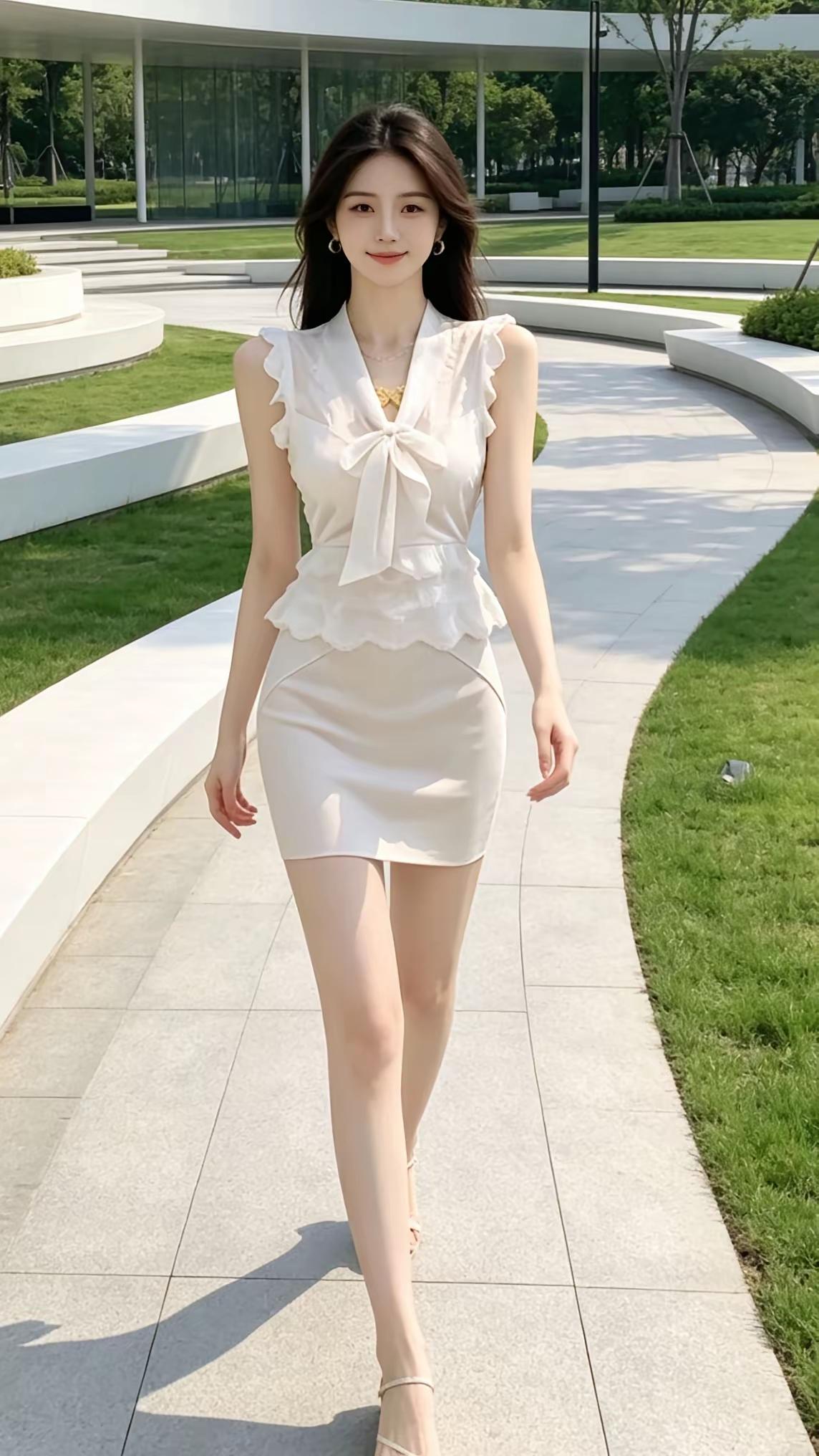 夏日清新穿搭，优雅白色连衣裙，漫步在绿意盎然的公园里。 高级感白裙穿搭