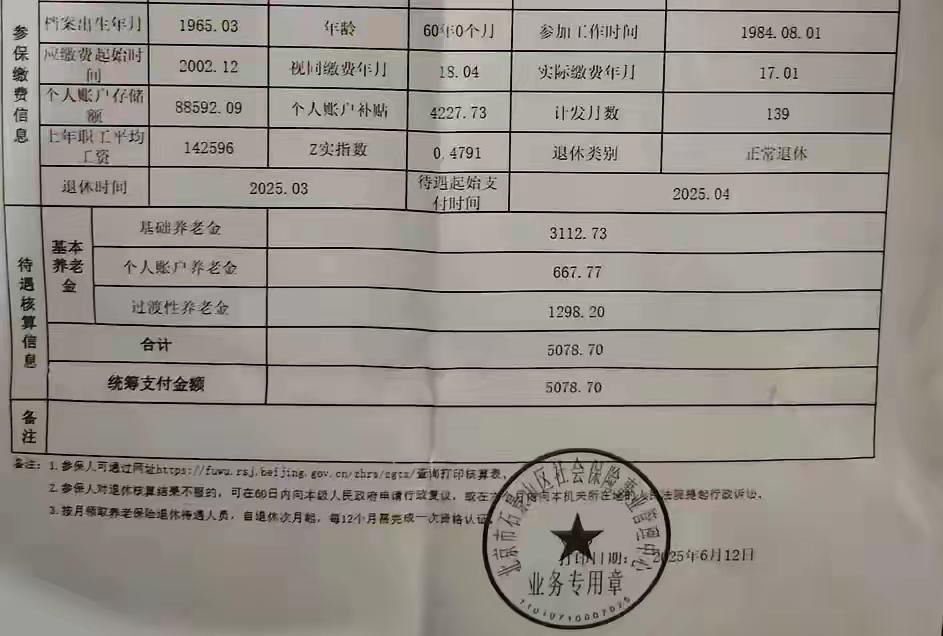 眨眼间，退休都半年了！2025年4月开始领取养老金，月享基本养老金¥5078.7