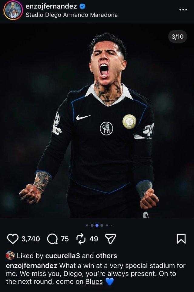 💙恩佐·费尔南德斯在Instagram上写道：“在这座对我来说意义非凡的球场取