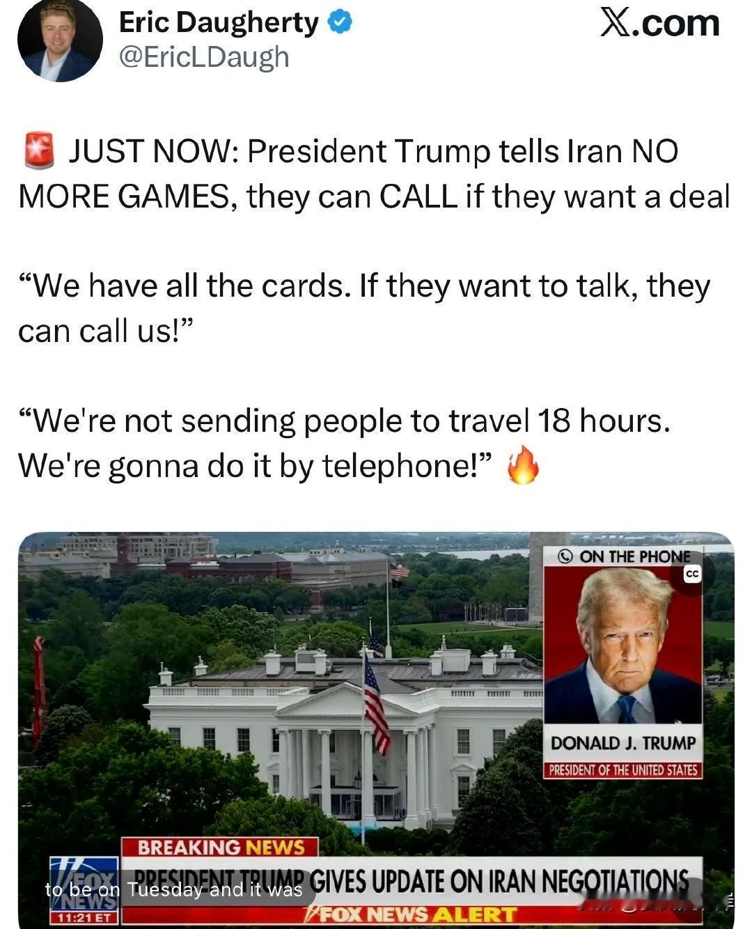 突发消息：川普总统向伊朗表示，不要再玩花样了，如果想要达成协议，可以直接打电话。
