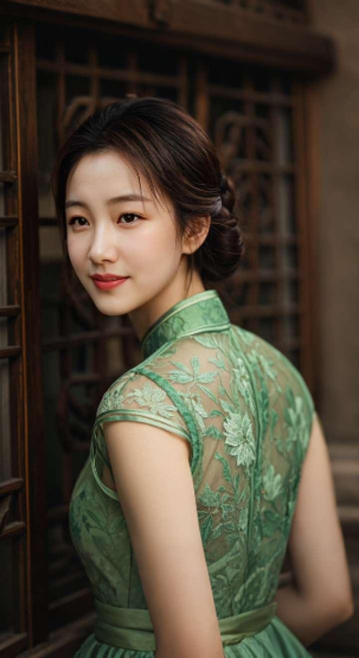 AI扩图 AI绿旗袍佳人